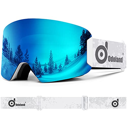 Odoland Gafas de Esquí para Niños y Adolescentes, Gafas Snowboard Antivaho, 100% Protección UV, Compatible con Cascos, Mascara de Esquí para Esquiar Snowboard Deportes de Invierno, Blanco-Azul