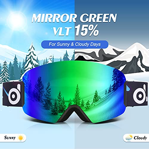 Odoland Gafas de Esquí para Niños y Adolescentes, Gafas Snowboard Antivaho, 100% Protección UV, Compatible con Cascos, Mascara de Esquí para Esquiar Snowboard Deportes de Invierno, Negro-Verde