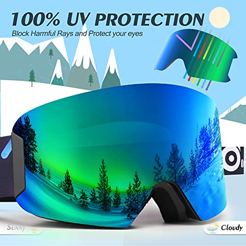 Odoland Gafas de Esquí para Niños y Adolescentes, Gafas Snowboard Antivaho, 100% Protección UV, Compatible con Cascos, Mascara de Esquí para Esquiar Snowboard Deportes de Invierno, Negro-Verde