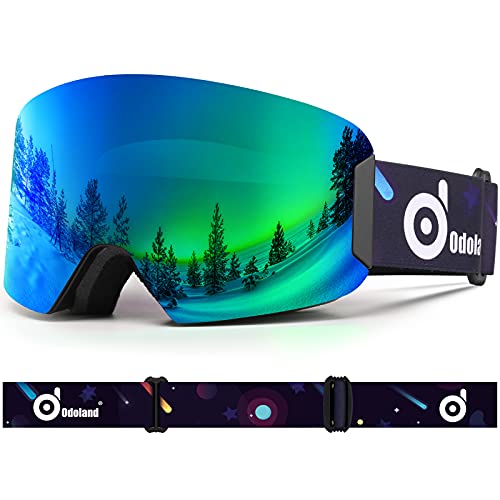Odoland Gafas de Esquí para Niños y Adolescentes, Gafas Snowboard Antivaho, 100% Protección UV, Compatible con Cascos, Mascara de Esquí para Esquiar Snowboard Deportes de Invierno, Negro-Verde