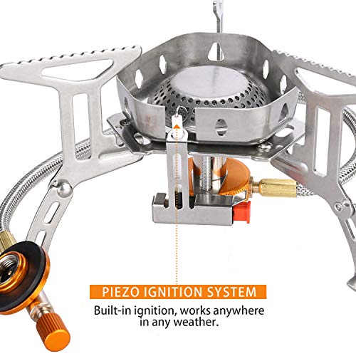 Odoland Hornillos Portátiles de Acampada, Mini Estufa de Camping Plegable de Acero con Encendido Piezoeléctrico, Estufa de Camping de Gas Ultraligera y Duradera Picnic Mochilero Senderismo