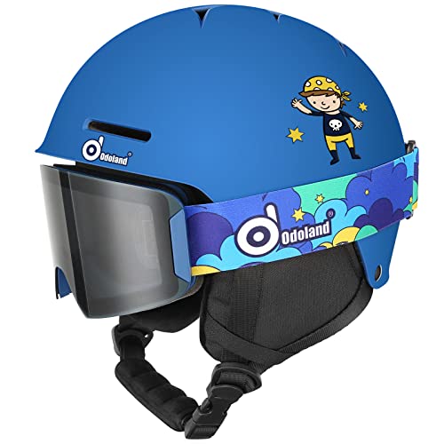 Odoland Kit Casco Esquí con Gafas de Esquí para Niños, Casco Snowboard Ajustable para Niños, Casco a Prueba de Golpes y Viento, Casco Multicolor para Esquí Skate Patinaje, Azul, XS: 48-50 cm