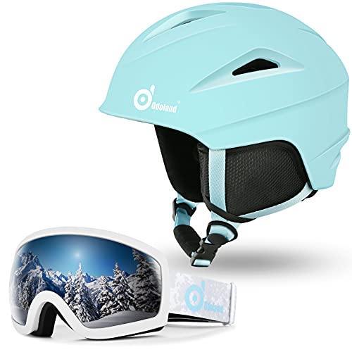 Odoland Kit Casco Esquí con Gafas Esquí, Casco Snowboard con Gafas Esquí para Hombres, Mujeres y Jóvenes, Casco Unisex a Prueba de Golpes y Viento, Set Casco Deportes Invierno, Azul-verde, S: 54-56 cm