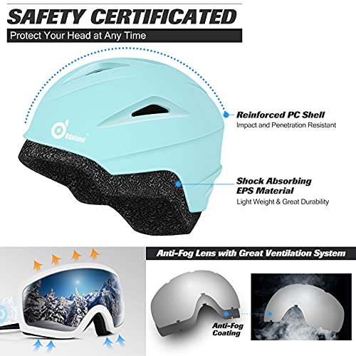 Odoland Kit Casco Esquí con Gafas Esquí, Casco Snowboard con Gafas Esquí para Hombres, Mujeres y Jóvenes, Casco Unisex a Prueba de Golpes y Viento, Set Casco Deportes Invierno, Azul-verde, S: 54-56 cm