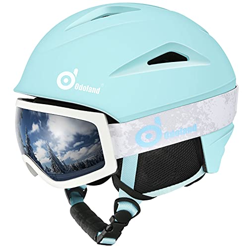 Odoland Kit Casco Esquí con Gafas Esquí, Casco Snowboard con Gafas Esquí para Hombres, Mujeres y Jóvenes, Casco Unisex a Prueba de Golpes y Viento, Set Casco Deportes Invierno, Azul-verde, S: 54-56 cm