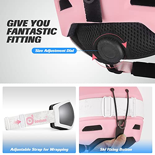 Odoland Kit Casco Esquí con Gafas Esquí, Casco Snowboard con Gafas Esquí para Hombres, Mujeres y Jóvenes, Casco Unisex a Prueba de Golpes y Viento, Set Casco Deportes Invierno, Rosa, S: 54-56 cm