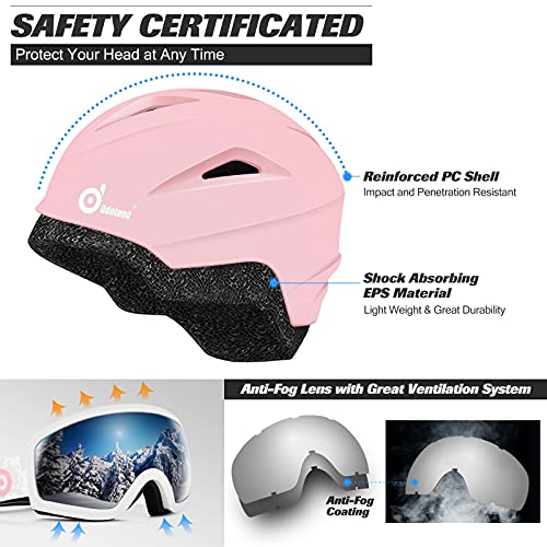 Odoland Kit Casco Esquí con Gafas Esquí, Casco Snowboard con Gafas Esquí para Hombres, Mujeres y Jóvenes, Casco Unisex a Prueba de Golpes y Viento, Set Casco Deportes Invierno, Rosa, S: 54-56 cm