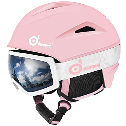 Odoland Kit Casco Esquí con Gafas Esquí, Casco Snowboard con Gafas Esquí para Hombres, Mujeres y Jóvenes, Casco Unisex a Prueba de Golpes y Viento, Set Casco Deportes Invierno, Rosa, S: 54-56 cm