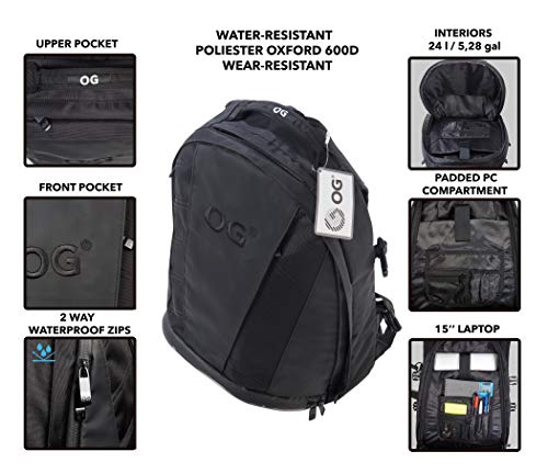 OG Online&Go EZ-Rider2 Mochila Moto Negra 24L, Bolsa Porta-Casco Motorista, Correa Casco, Impermeable, Portátil, Reflectante (Logo Negro)