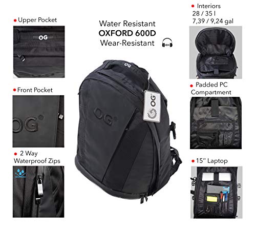 OG Online&Go EZ-RiderPRO Mochila Moto Negra Expandible 28-35L, Bolsa Porta-Cascos Motorista, Correa Casco, Impermeable, Portátil, Reflectante (Logo Negro)