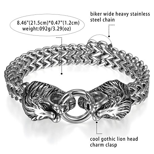 OIDEA Pulsera Brazalete Ancho para Hombre Acero Inoxidable Punk Rock Biker Cierre de Dual Cabeza de León Joyería de Moda Regalo Original Chulo para Amor Pareja, Plata EUR€1799EUR€17.99