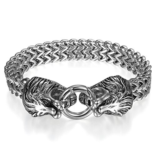 OIDEA Pulsera Brazalete Ancho para Hombre Acero Inoxidable Punk Rock Biker Cierre de Dual Cabeza de León Joyería de Moda Regalo Original Chulo para Amor Pareja, Plata EUR€1799EUR€17.99