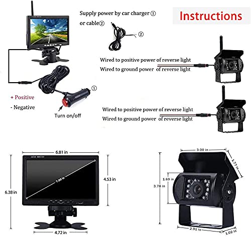 Oiliehu Kit de CáMara de VisióN Trasera InaláMbrica, Monitor LCD HD 7" con Antena, 2 CáMaras de VisióN Trasera InaláMbrica/IP67/VersióN Nocturna/12-24 V/Apto para Bus/SUV/Camiones/Remolques