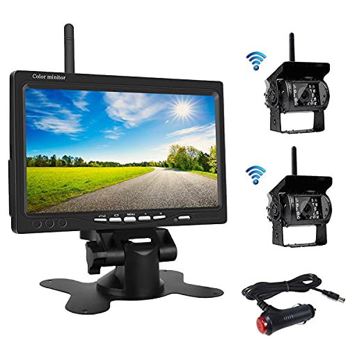 Oiliehu Kit de CáMara de VisióN Trasera InaláMbrica, Monitor LCD HD 7" con Antena, 2 CáMaras de VisióN Trasera InaláMbrica/IP67/VersióN Nocturna/12-24 V/Apto para Bus/SUV/Camiones/Remolques