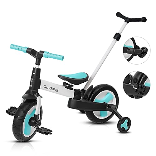 OLYSPM 5 en 1 Triciclo Bebé Plegables Bicicleta sin Pedales para 1-6 Años Niños,Triciclo para Bebes con Pedales Desmontables y Ruedas Auxiliares,Triciclo Evolutivo(Azul Claro)