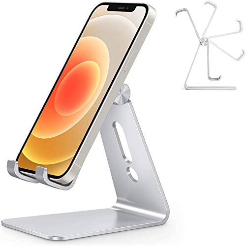 OMOTON Soporte Teléfono Móvil Mesa, Base Móvil Ajustable de Escritorio, Apoyo Teléfono de Aluminio para iPhone 13 Pro 12 Pro MAX 12 Mini 11, Xiaomi Redmi 9S 8 Pro, Samsung y Otras Smartphones, Plata