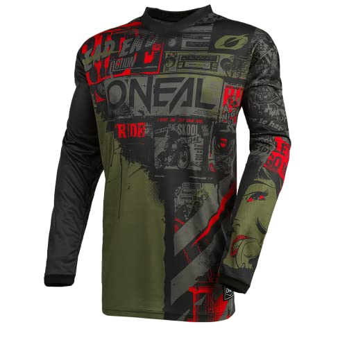 O'Neal | Camiseta de Motocross Manga Larga | MX Enduro | Protección Acolchada para los Codos, Cuello en V, Transpirable | Camiseta Element Ride para Hombres | Adultos | Negro Verde | Talla L