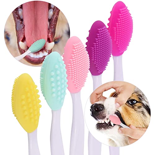 onebarleycorn – 5 Piezas Cepillo Dientes Perro,Cepillos Dentales de Silicona Suave de Doble Cara con Mango Largo Curvado Cepillos de Dientes de Perro Gato Cepillo de Limpieza Dental para Mascotas