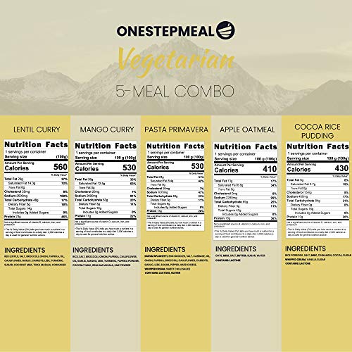 ONESTEPMEAL Combo de comidas vegetarianas para mochileros - 5 bolsitas de comida liofilizada para camping - Suministro de alimentos de emergencia para la supervivencia