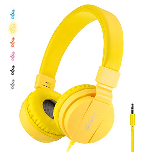 ONTA® Auriculares para Niños,Plegable Cómodos Auriculares Niños con Seguro Material,Auriculares Infantiles con Ligera Diadema,Estéreo Cerrados Cascos para Niños -Amarillo