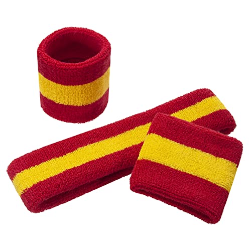 ONUPGO Juego de bandas para el sudor para niños - Banda deportiva de algodón para deportes (1 diadema + 2 pulseras) (rojo amarillo rojo)