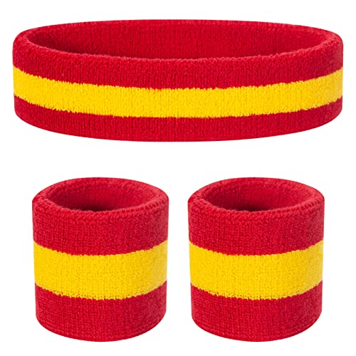 ONUPGO Juego de bandas para el sudor para niños - Banda deportiva de algodón para deportes (1 diadema + 2 pulseras) (rojo amarillo rojo)