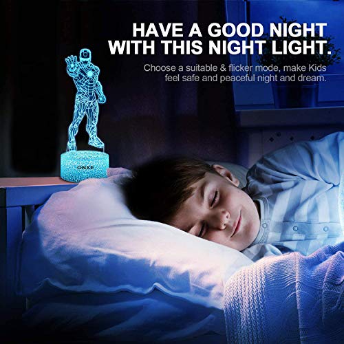 ONXE - Lámpara LED de luz nocturna 3D de superhéroe, 16 colores, regulable, con control táctil con base de grietas, mando a distancia, para niños y niñas, regalos (Iron Man)