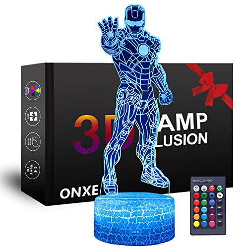 ONXE - Lámpara LED de luz nocturna 3D de superhéroe, 16 colores, regulable, con control táctil con base de grietas, mando a distancia, para niños y niñas, regalos (Iron Man)