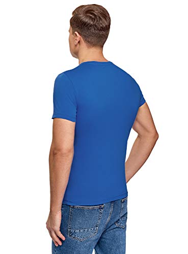 oodji Ultra Hombre Camiseta de Algodón con Inscripción, Azul, XS
