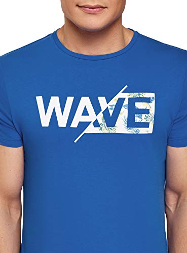 oodji Ultra Hombre Camiseta de Algodón con Inscripción, Azul, XS