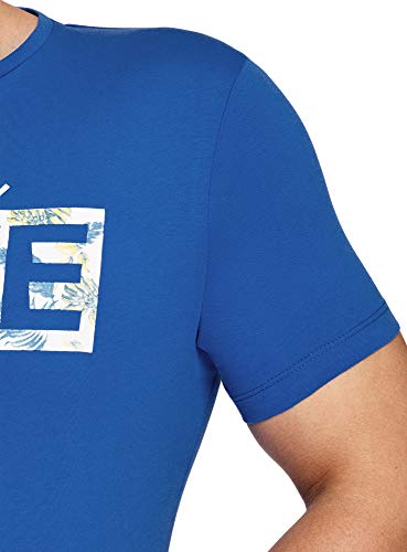 oodji Ultra Hombre Camiseta de Algodón con Inscripción, Azul, XS