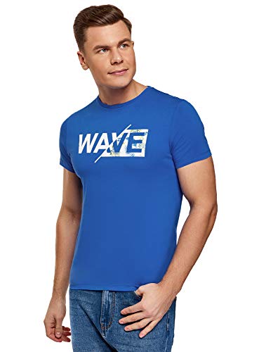 oodji Ultra Hombre Camiseta de Algodón con Inscripción, Azul, XS