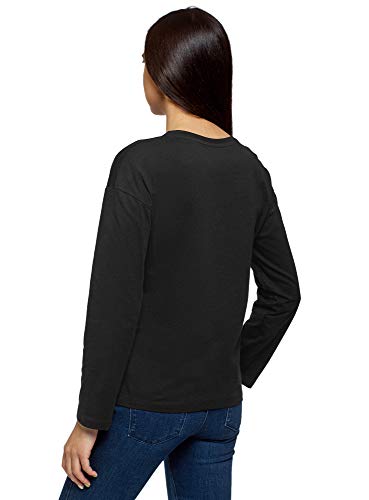 oodji Ultra Mujer Camiseta de Algodón con Mangas Largas, Negro, ES 34 / XXS