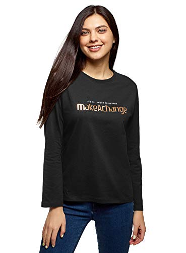 oodji Ultra Mujer Camiseta de Algodón con Mangas Largas, Negro, ES 34 / XXS