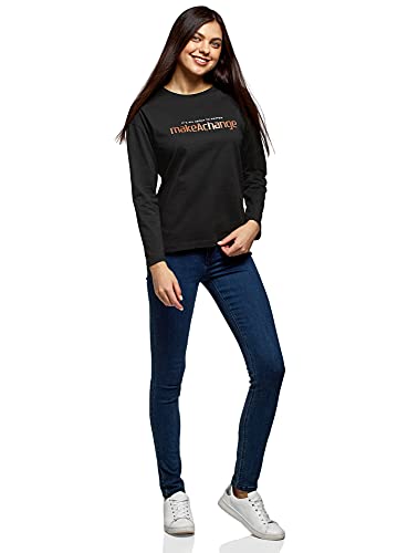 oodji Ultra Mujer Camiseta de Algodón con Mangas Largas, Negro, ES 34 / XXS