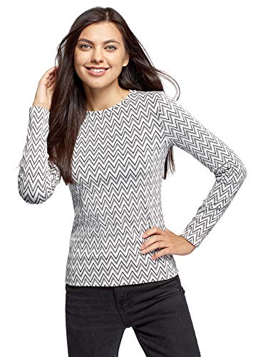 oodji Ultra Mujer Camiseta de Punto con Mangas Largas de Tejido Texturizado, Blanco, ES 34 / XXS