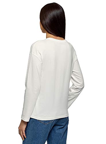 oodji Ultra Mujer Camiseta Holgada de Manga Larga, Blanco, ES 34 / XXS