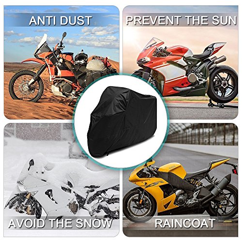 OPAMOO Funda para Moto, Cubierta de Motocicleta Impermeable Funda Protector 190T Cubierta de la Moto a Prueba de UV Lluvia Polvo 245 x 125 x 105 cm con el Bolso del Almacenaje (Negro)