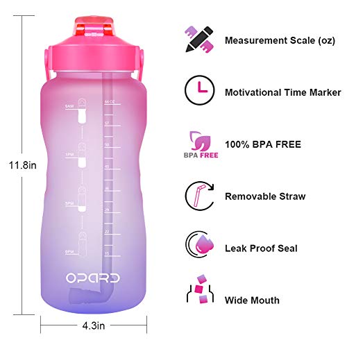 Opard Botella de agua de 64 onzas con marcador de tiempo para beber botella de agua motivacional de medio galón con paja y mango grande libre de BPA jarra de agua para deportes, gimnasio