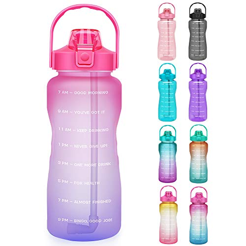 Opard Botella de agua de 64 onzas con marcador de tiempo para beber botella de agua motivacional de medio galón con paja y mango grande libre de BPA jarra de agua para deportes, gimnasio