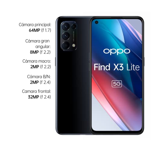 OPPO Find X3 Lite 5G - Pantalla 6,43" (AMOLED 90 Hz, 8GB + 128GB, Snapdragon 765G, 4300 mAh, carga rápida 65W. Cuádruple cámara 64MP + 8MP + 2MP + 2MP, ) Negro [Versión ES/PT]