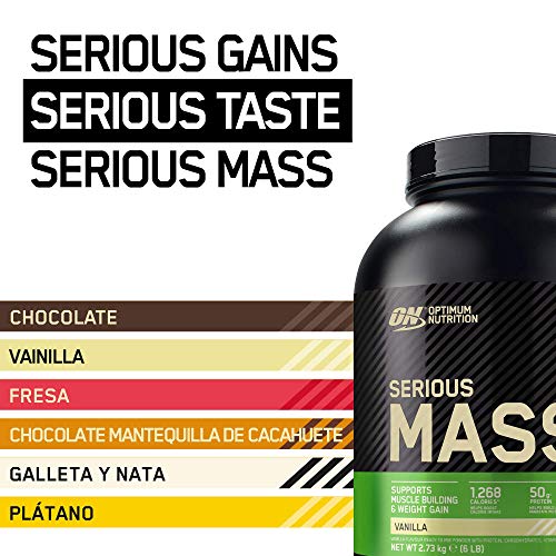 Optimum Nutrition Serious Mass Proteina en Polvo, Mass Gainer Alto en Proteína, con Vitaminas, Creatina y Glutamina, Vainilla, 8 Porciones, 2,73kg, Embalaje Puede Variar