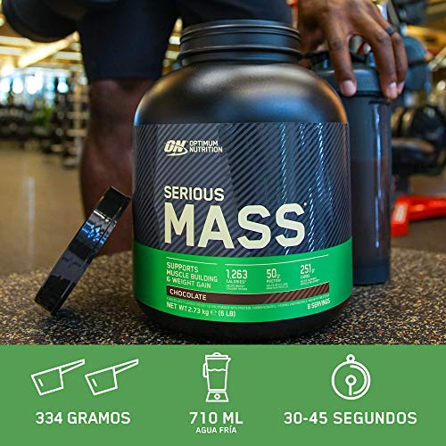 Optimum Nutrition Serious Mass Proteina en Polvo, Mass Gainer Alto en Proteína, con Vitaminas, Creatina y Glutamina, Vainilla, 8 Porciones, 2,73kg, Embalaje Puede Variar