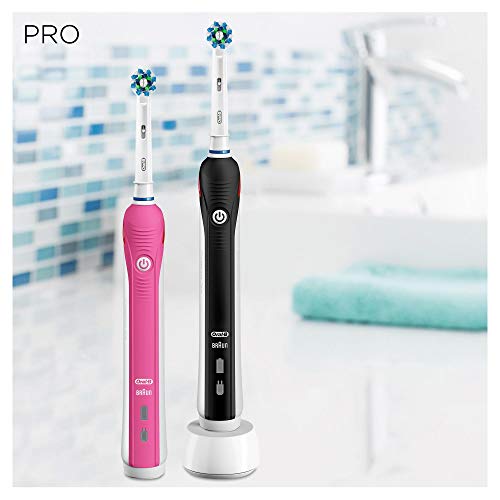 Oral-B PRO 2 CrossAction Cepillos de Dientes Eléctricos (Pack de 2) con Mangos Recargables, Tecnología Braun y 2 Cabezales de Recambio, Temporizador Integrado y Control de Precisión - Rosa/Negro