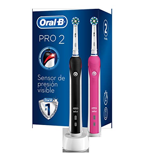 Oral-B PRO 2 CrossAction Cepillos de Dientes Eléctricos (Pack de 2) con Mangos Recargables, Tecnología Braun y 2 Cabezales de Recambio, Temporizador Integrado y Control de Precisión - Rosa/Negro