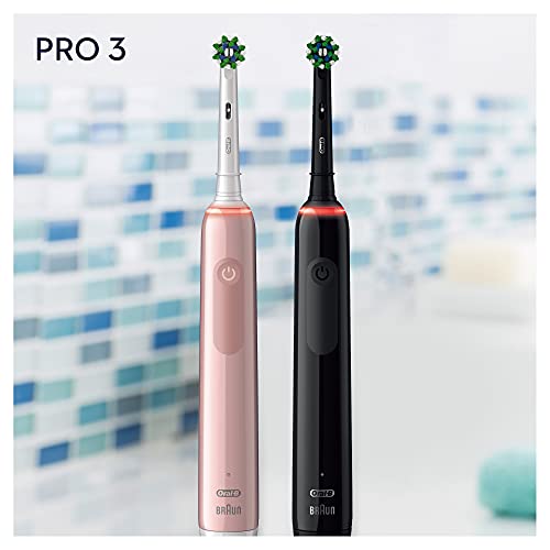 Oral-B PRO 3 Cepillos de Dientes Eléctricos (Pack de 2) con 2 Mangos Recargables, Tecnología Braun y 2 Cabezales de Recambio, Sensor de Presión Visible, 3900 - Rosa/Negro