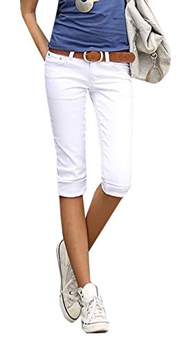 ORANDESIGNE Mujer 3/4 Pantalón Corto Capri Pantalón Bermudas Denim Shorts Vaqueros Tallas Grandes Suelto Rodilla de Pantalones 1 Blanco L