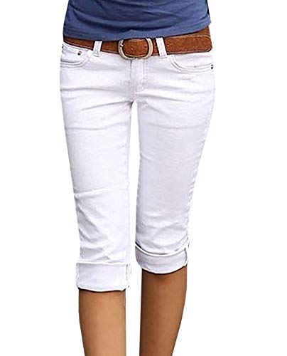 ORANDESIGNE Mujer 3/4 Pantalón Corto Capri Pantalón Bermudas Denim Shorts Vaqueros Tallas Grandes Suelto Rodilla de Pantalones 1 Blanco L