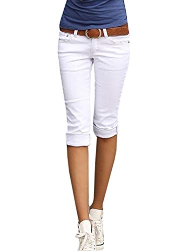 ORANDESIGNE Mujer 3/4 Pantalón Corto Capri Pantalón Bermudas Denim Shorts Vaqueros Tallas Grandes Suelto Rodilla de Pantalones 1 Blanco L