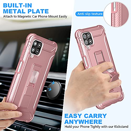 ORETECH Funda para Samsung Galaxy A12/M12,con [2x Protector de Pantalla de Vidrio Cristal Templado]360° Antigolpes con Magnética Built-in Soporte Carcasa Silicona PC Caso para Samsung A12/M12-Oro rosa